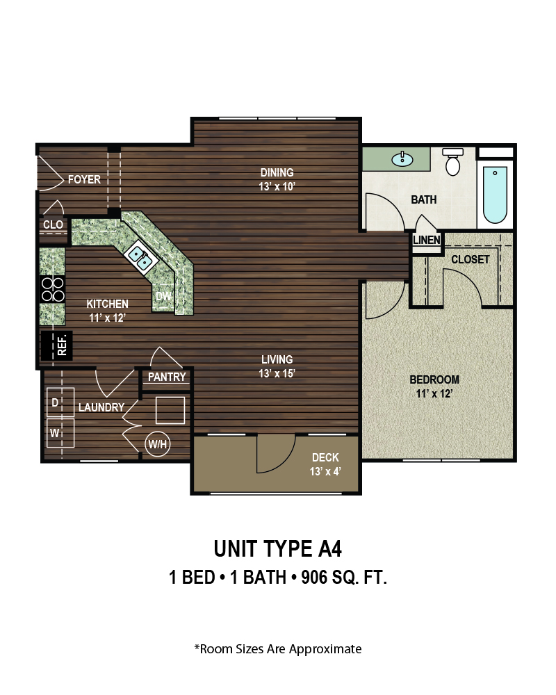 Floor plan for 1 bed, 1 bath, 906 sqft